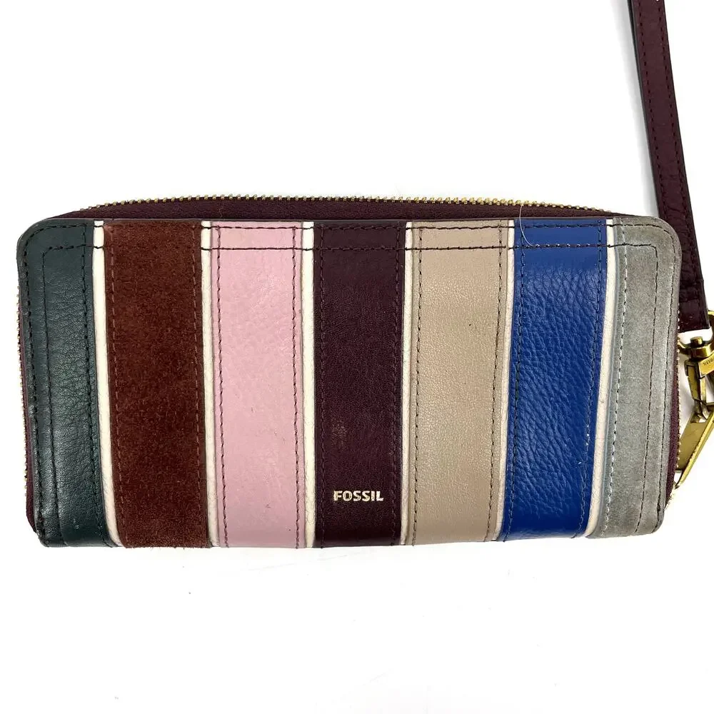 Fossil Logan Purple Multi-Color Striped Zip Around Leather Wallet Wrist Strap‎